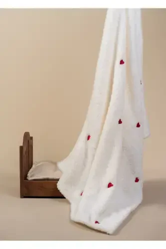 Heart Pattern Embroidered Baby Blanket 90x110 Cream Wellsoft-ECRU - 5