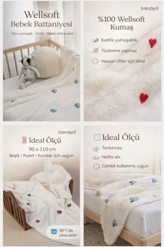 Heart Pattern Embroidered Baby Blanket 90x110 Cream Wellsoft-ECRU - DENSHAUS (1)