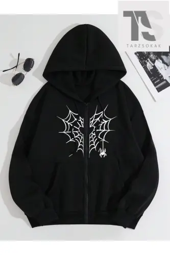 Heart Pattern Minimal Spider Sweatshirt Zippered Cardigan - black 