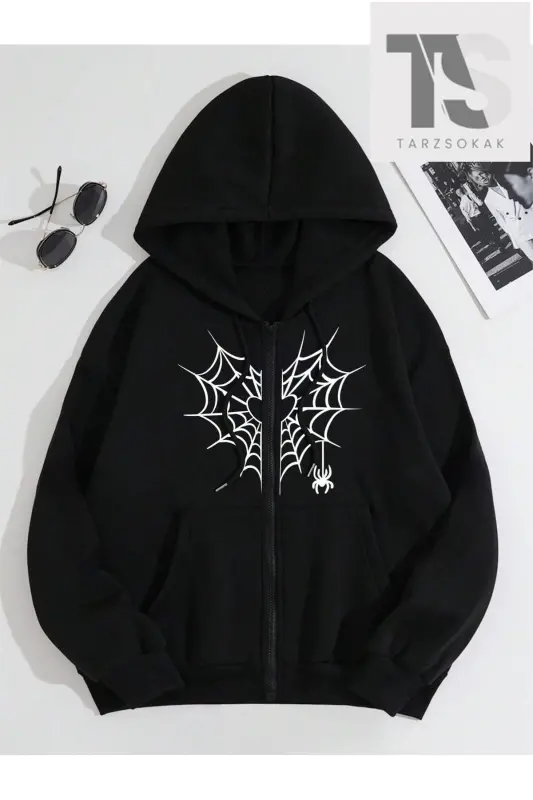 Heart Pattern Minimal Spider Sweatshirt Zippered Cardigan - black - 1