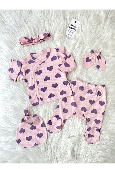 Heart Pattern Pink-Turquoise 5-Piece Newborn Baby Girl Hospital Discharge Set - 1