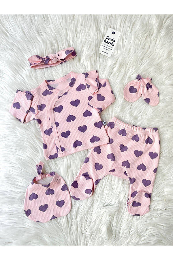 Heart Pattern Pink-Turquoise 5-Piece Newborn Baby Girl Hospital Discharge Set - 1