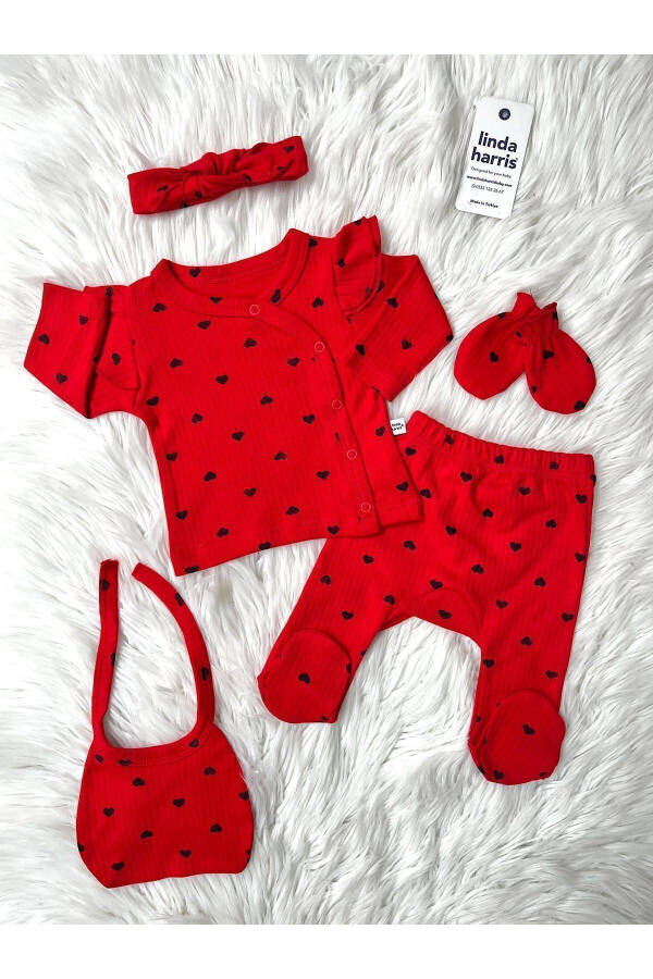 Heart Pattern Red-Black 5-Piece Newborn Girl Baby Hospital Discharge Set - 2