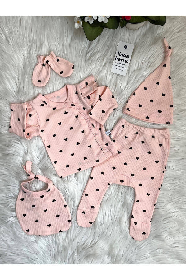 Heart Pattern Salmon 5-Piece Newborn Baby Girl Hospital Discharge Set - 1