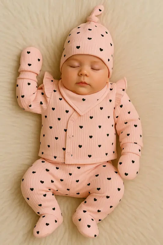 Heart Pattern Salmon 5-Piece Newborn Baby Girl Hospital Discharge Set - 1