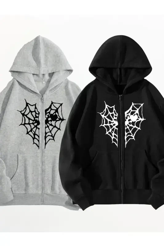 Heart Print Spider Web Printed Sweatshirt Zippered Cardigan - Black Gray Oversize Pocketed Loose Fit Hooded-Black Gray - BOI