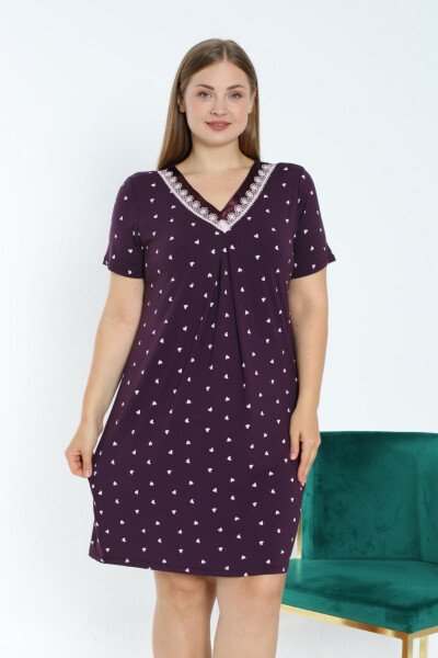 Heart Printed Short Sleeve Satin Plus Size Stretchy Viscose Nightgown - İNTENSIVE