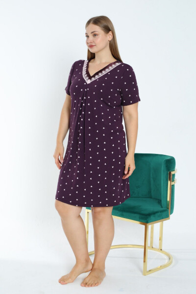 Heart Printed Short Sleeve Satin Plus Size Stretchy Viscose Nightgown - İNTENSIVE (1)