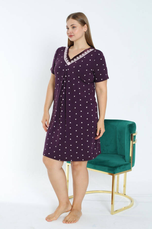 Heart Printed Short Sleeve Satin Plus Size Stretchy Viscose Nightgown - 2