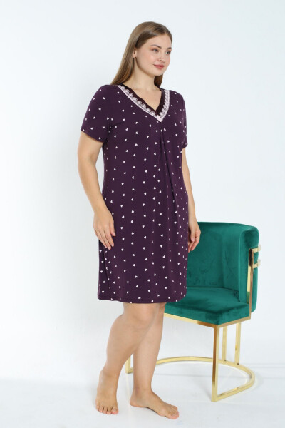 Heart Printed Short Sleeve Satin Plus Size Stretchy Viscose Nightgown - 3