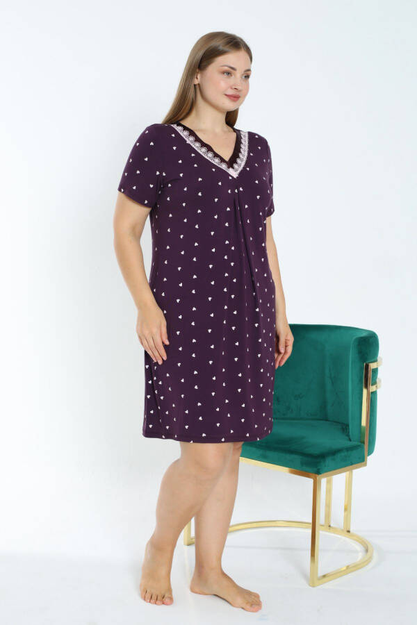 Heart Printed Short Sleeve Satin Plus Size Stretchy Viscose Nightgown - 3