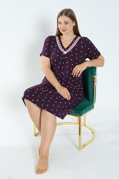 Heart Printed Short Sleeve Satin Plus Size Stretchy Viscose Nightgown - 4