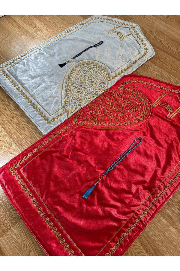 Heart-shaped double prayer rug, dowry and gift velvet prayer rug. - 5