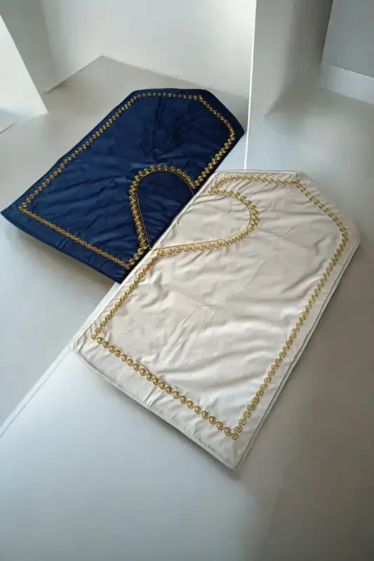 Heart-shaped Prayer Rug Accompanied Double Prayer Rug Embroidered Prayer Rug - Navy Blue - 1
