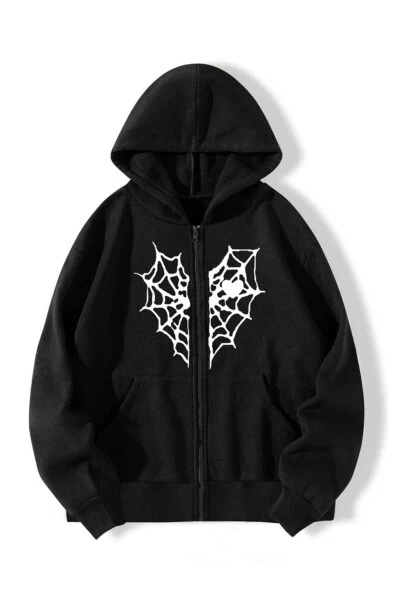 Heart Spider Web Print Sweatshirt Zippered Hoodie - Black Grey Oversize Pocket Loose Fit Hooded - BOI