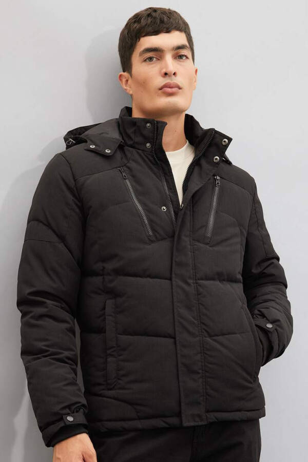 Heat-insulated Inflatable Jacket with Removable Hood, Fleece Lining, and Waterproofing in Black - 10