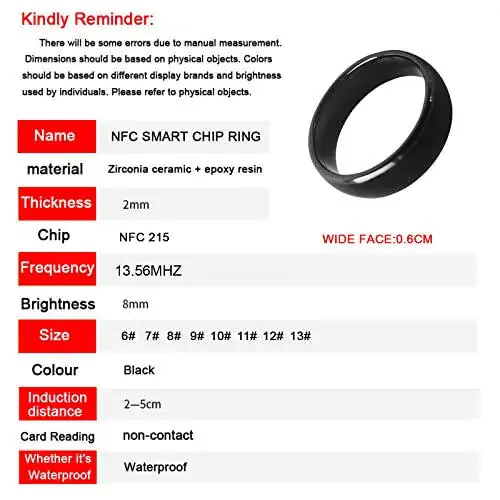 Hecer Waterproof Ceramic NFC Ring, NFC Forum Type 2 215 496 Bytes Chip Universal for Mobile Phone, All-Round Sensing Technology Wearable Smart Ring, Fashion Ring for Men or Women (11#, Black) - 3