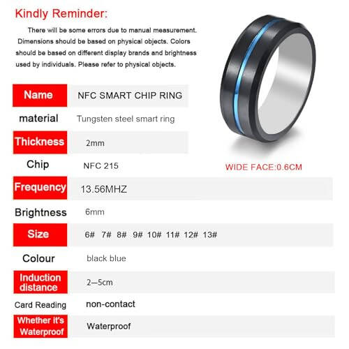 hecere Waterproof Tungsten Steel NFC Forum Type 2 215 496 Bytes Chip Universal for Mobile Phone All-Round Sensing Technology Wearable Smart Ring（Black Blue Tungsten NFC ring-21mm） - 4