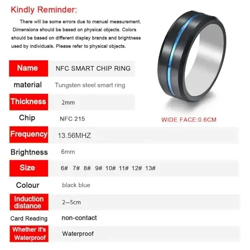 hecere Waterproof Tungsten Steel NFC Forum Type 2 215 496 Bytes Chip Universal for Mobile Phone All-Round Sensing Technology Wearable Smart Ring（Black Blue Tungsten NFC ring-17mm） - 4