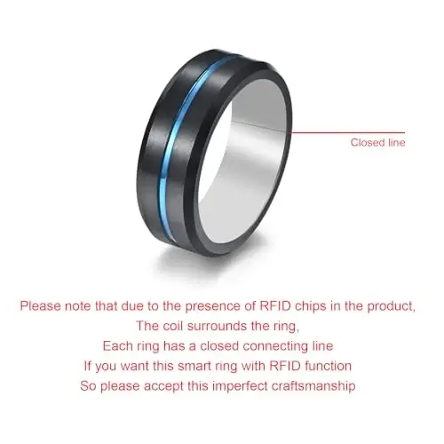 hecere Waterproof Tungsten Steel NFC Forum Type 2 215 496 Bytes Chip Universal for Mobile Phone All-Round Sensing Technology Wearable Smart Ring（Black Blue Tungsten NFC ring-22mm） - 3
