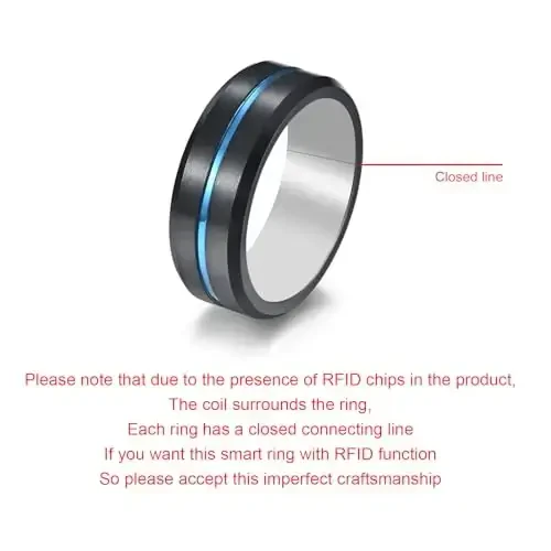 hecere Waterproof Tungsten Steel NFC Forum Type 2 215 496 Bytes Chip Universal for Mobile Phone All-Round Sensing Technology Wearable Smart Ring（Black Blue Tungsten NFC ring-22mm） - 3
