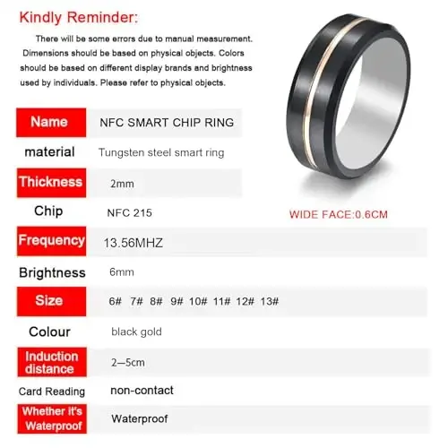hecere Waterproof Tungsten Steel NFC Forum Type 2 215 496 Bytes Chip Universal for Mobile Phone All-Round Sensing Technology Wearable Smart Ring（Black Gold Tungsten NFC ring-21mm） - 4