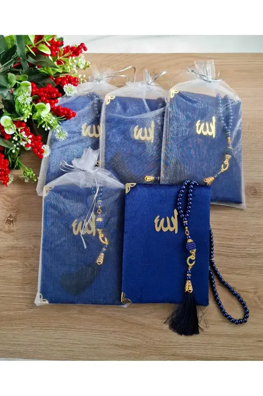 Hediyelik 5 Adet Kadife Kaplı Yasin Mevlüt Kitabı Inci Tesbih Tül Keseli( Mevlit Sünnet Umre Hac) - Lacivert - HIRA TASARIM