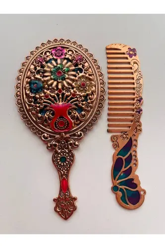 Hediyelik Ayna Tarak Seti, Çiçekli, Metal, - Altın - GALATA GIFT (1)