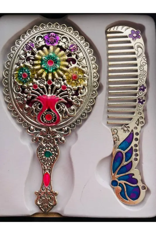 Hediyelik Ayna Tarak Seti, Tavuskuşu, Metal, - Anka Altın - 1