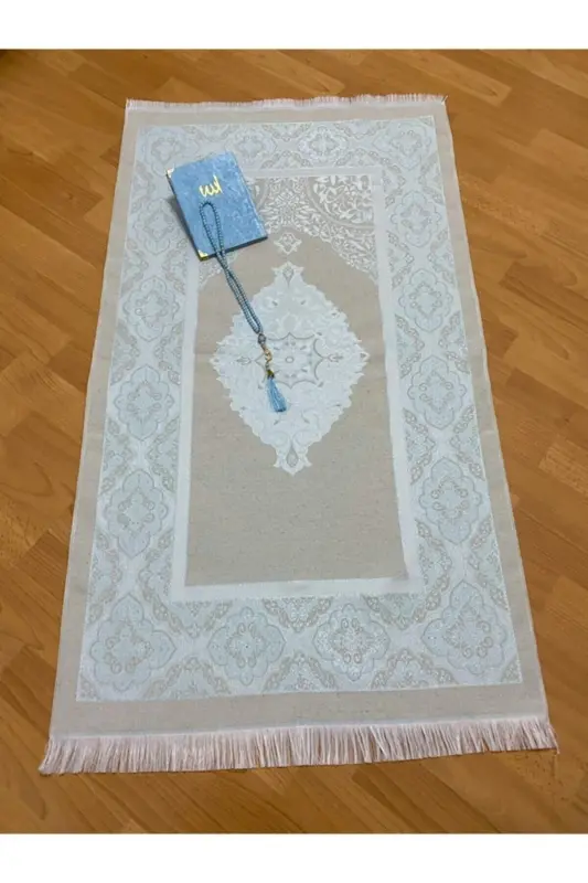 Hediyelik Bohçalık Tafta Saçaklı Mavi Seccade, Yasin, Tesbih Seti - Mavi - 3