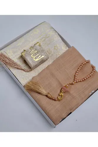 Hediyelik Çeyizlik Tafta Seccade İnci Tesbih Mini Kuran ve Flamlı Eşarp Bohça ve Mevlid Seti 1 Adet-Gold - HIRA TASARIM (1)