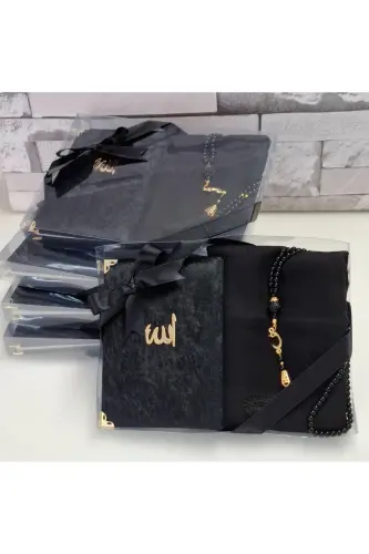 Hediyelik Kadife Kaplı Yasin Flamlı Eşarp Inci Tesbih Mevlid Seti Damat Bohça Seti 5 Adet - siyah - 1
