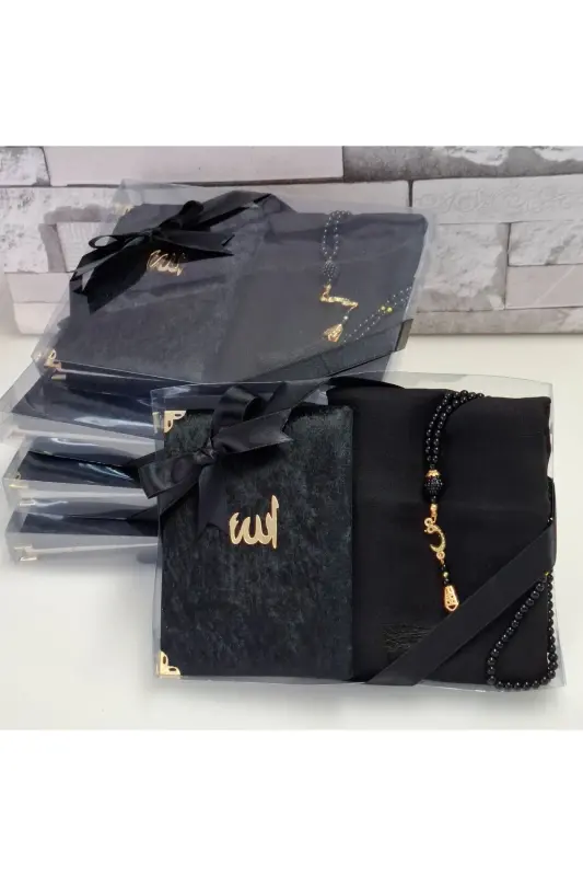 Hediyelik Kadife Kaplı Yasin Flamlı Eşarp Inci Tesbih Mevlid Seti Damat Bohça Seti 5 Adet - siyah - 1