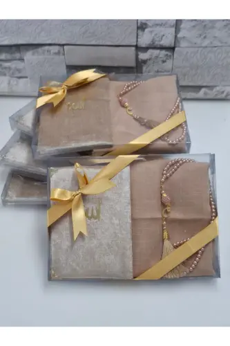 Hediyelik Kadife Kaplı Yasin Flamlı Eşarp Inci Tesbih Mevlid Seti Gelin Damat Bohça Seti 5 Adet - gold, 