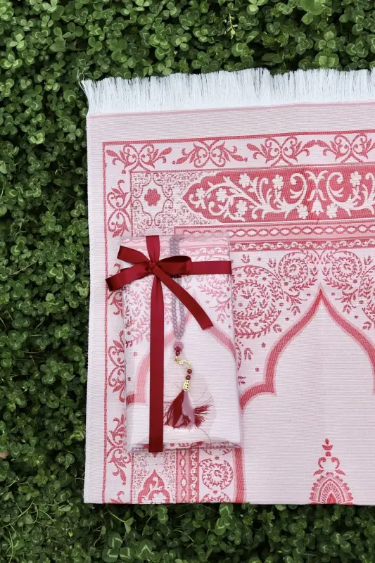 Hediyelik Pamuklu Seccade Seti S1004 Kırmızı-Kırmızı - 5