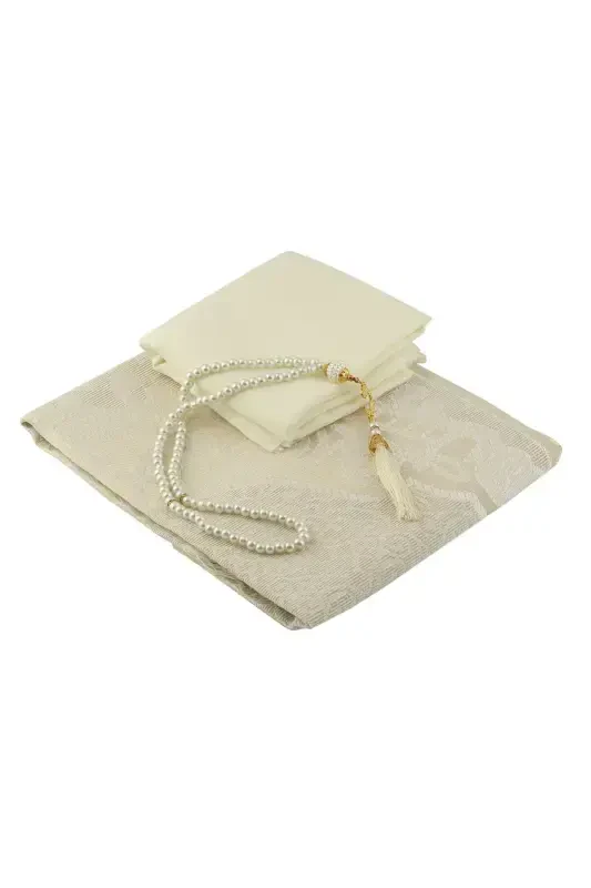 Hediyelik Seccade Şal Tesbih Seti-KREM - 2