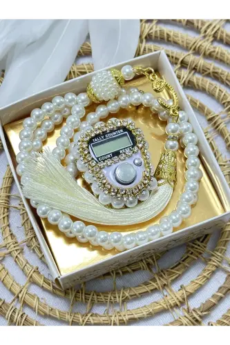 Hediyelik Taşlı Zikirmatik Ve Tesbih Seti Kutulu-beyaz - 3