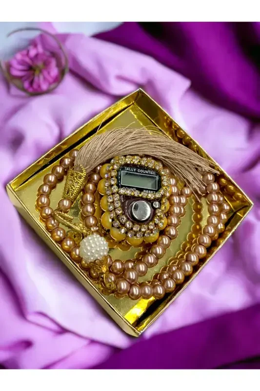 Hediyelik Taşlı Zikirmatik Ve Tesbih Seti Kutulu-gold - MEDIPEK