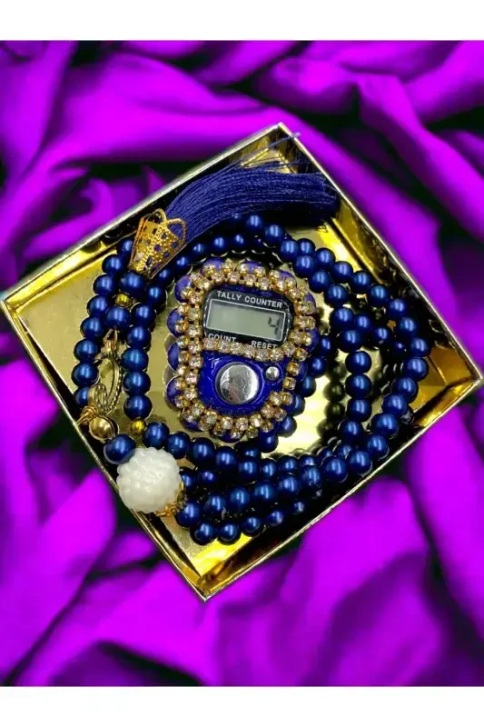 Hediyelik Taşlı Zikirmatik Ve Tesbih Seti Kutulu-lacivert - MEDIPEK