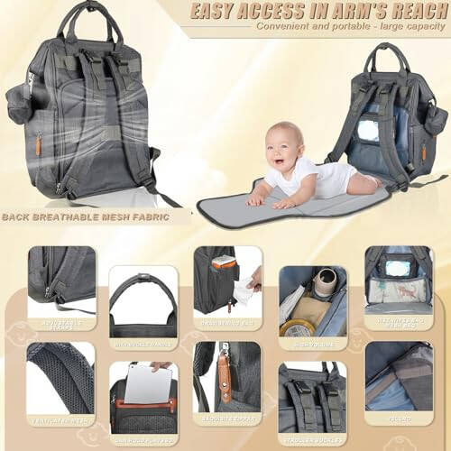 Heegel Diaper Backpack with Changing Pad, Baby Diaper Bag for Mom & Dad with Multipurpose Pockets, Large Stylish Baby Bag for Boy, Girl, Toddler (Dark Grey) - 3