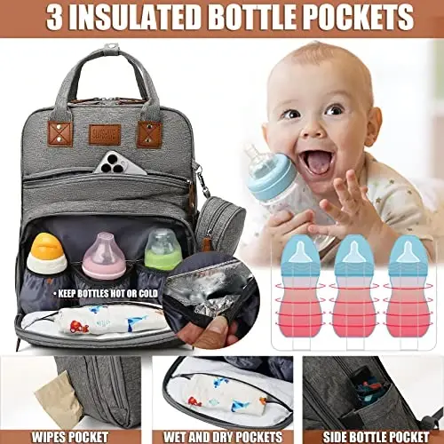 Heegel Baby Diaper Bag Backpack with Changing Station, best baby registry shower gifts, Baby Diaper Bags for Men and Women，Essential Gifts for New Parents of Babies（Gray - 2