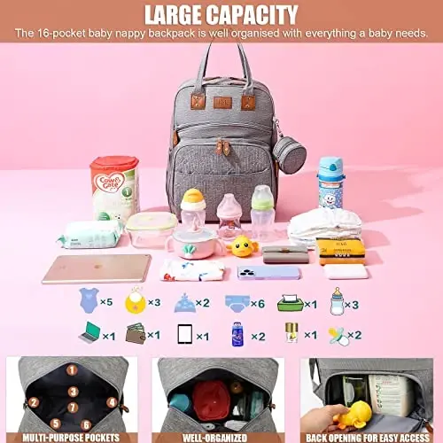 Heegel Baby Diaper Bag Backpack with Changing Station, best baby registry shower gifts, Baby Diaper Bags for Men and Women，Essential Gifts for New Parents of Babies（Gray - 5