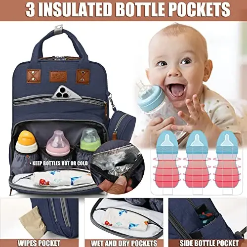 Heegel Chaqaloq Diaper Bag Backpack almashtirish stantsiyasi bilan, eng yaxshi chaqaloq ro'yxatga olish dush sovg'alari, Erkaklar va ayollar uchun chaqaloq diaper sumkalari，Chaqaloqlarning yangi ota-onalari uchun muhim sovg'alar（Qorong'u ko'k） - Heegel (1)