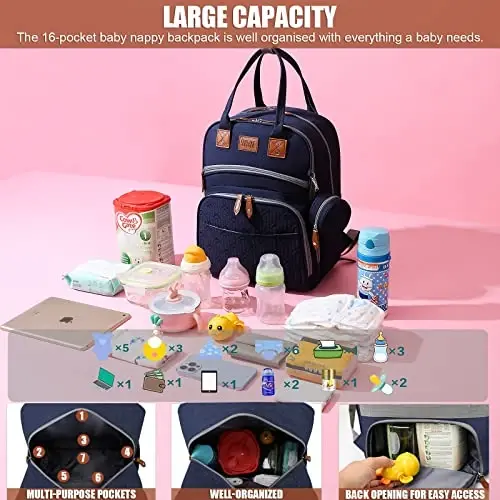 Heegel Chaqaloq Diaper Bag Backpack almashtirish stantsiyasi bilan, eng yaxshi chaqaloq ro'yxatga olish dush sovg'alari, Erkaklar va ayollar uchun chaqaloq diaper sumkalari，Chaqaloqlarning yangi ota-onalari uchun muhim sovg'alar（Qorong'u ko'k） - 5
