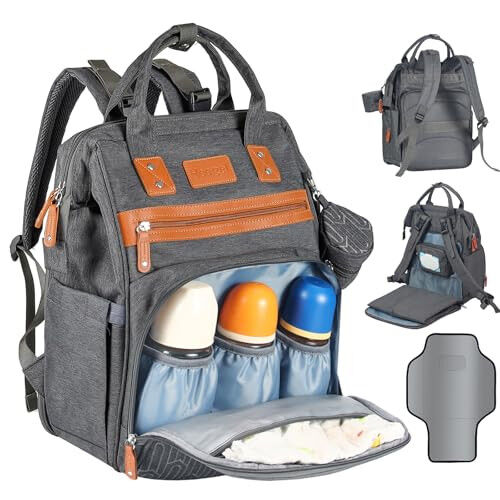 Heegel Diaper Backpack with Changing Pad, Baby Diaper Bag for Mom & Dad with Multipurpose Pockets, Large Stylish Baby Bag for Boy, Girl, Toddler (Dark Grey) 