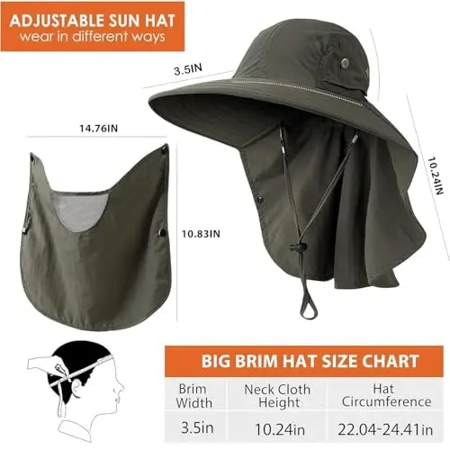HEEHIPOO Mens Women Fishing Hat UPF 50+ Wide Brim Sun Hat with Face Cover & Neck Flap - 2