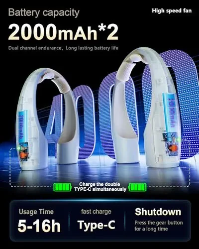 Heelkl AI Neck Fan, 4 Speeds Adjustable Portable Personal Fan Rechargeable, 4000 mAh Battery Faster Cooling Wearable Fan, Ultra Quiet for Home, Office, Travel, Outdoor - Champagne - 4