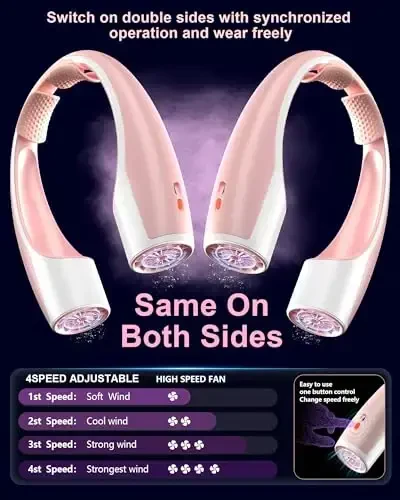 Heelkl AI Neck Fan, 4 Speeds Adjustable Portable Personal Fan Rechargeable, 4000 mAh Battery Faster Cooling Wearable Fan, Ultra Quiet for Home, Office, Travel, Outdoor - PInk - 3