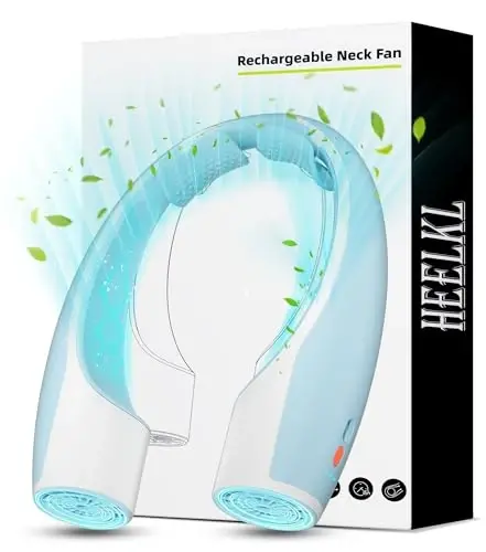 Heelkl AI Neck Fan, 4 Speeds Adjustable Portable Personal Fan Rechargeable, 4000 mAh Battery Faster Cooling Wearable Fan, Ultra Quiet for Home, Office, Travel, Outdoor - White Blue 