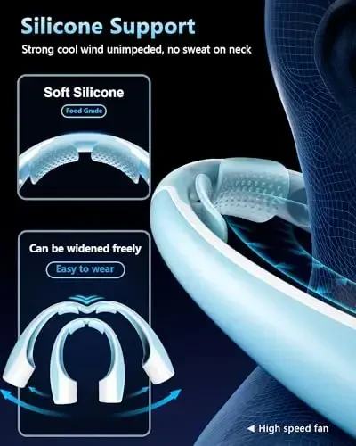 Heelkl AI Neck Fan, 4 Speeds Adjustable Portable Personal Fan Rechargeable, 4000 mAh Battery Faster Cooling Wearable Fan, Ultra Quiet for Home, Office, Travel, Outdoor - White Blue - 4